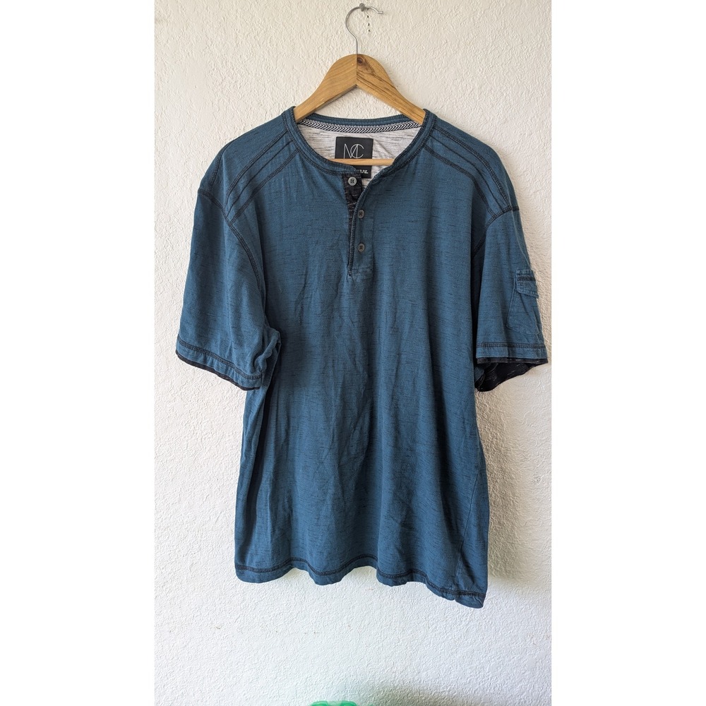 Modern Culture Mens 2XB Henley Shirt Short Sleeve Teal Blue Space Dye Slub Knit